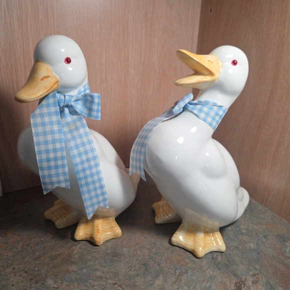 Other - Ceramic Duck Figurines with Blue Gingham Bows